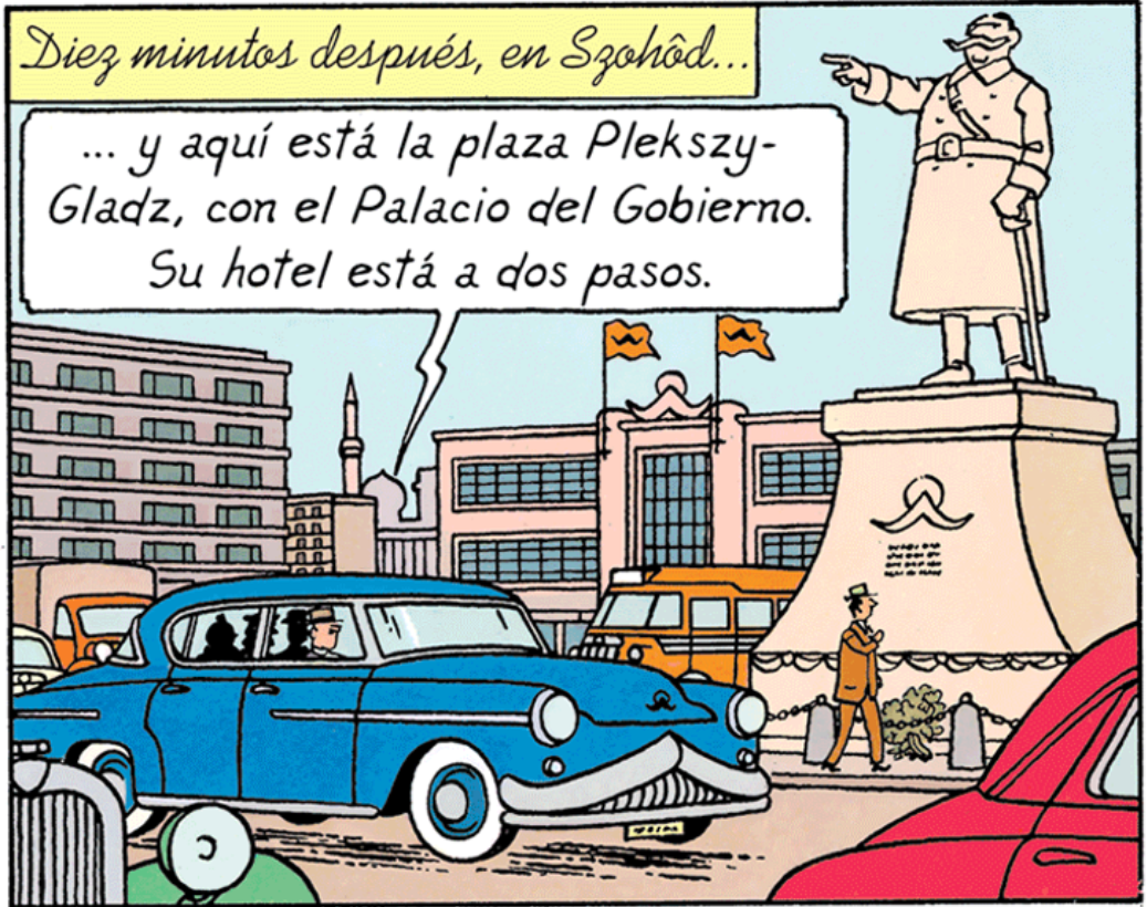 La statue de Pleksy-Gladz et la voiture bleue dans L'Affaire Tournesol